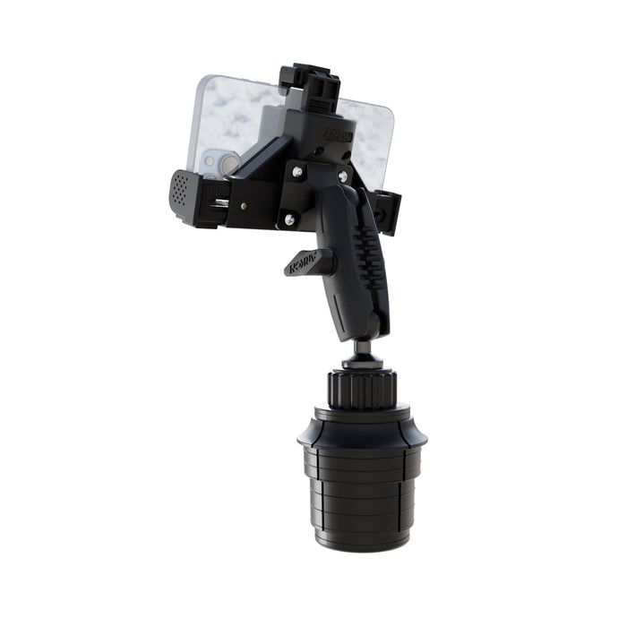 A black Phone Cup Holder Mount with LockVise™ Locking Holder – 25mm features a secure locking phone holder for added stability, attaches to a round base, and is designed to hold your smartphone steady for stable recording or photography.