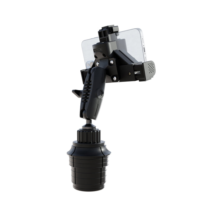The Phone Cup Holder Mount with LockVise™ Locking Holder - 25mm securely holds your smartphone in landscape orientation, featuring a locking holder and a rotating base designed to fit standard car cup holders.