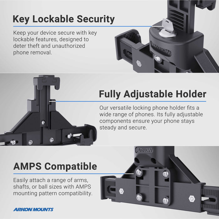 Close-up images of the Phone Cup Holder Mount with LockVise™ Locking Holder - 25mm in black showcase its secure key lock, adjustable holder, and AMPS compatibility. Text highlights enhanced security, versatile adjustability, and reliable mounting features against a white and light gray background.