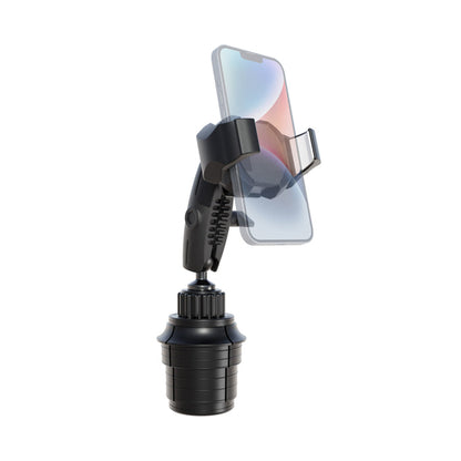 A smartphone mounted in the Phone Cup Holder Mount with RoadVise® Ultra Holder - 25mm, a black adjustable car cup holder mount featuring a flexible arm and secure grip for hands-free calling.