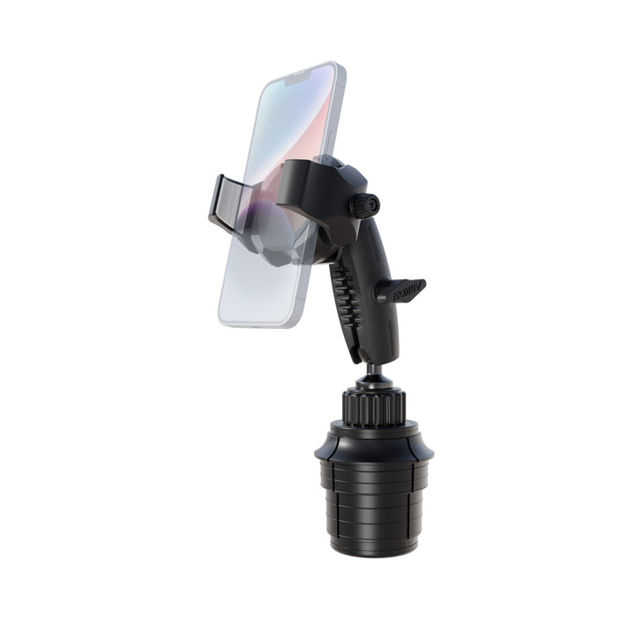 A Phone Cup Holder Mount with RoadVise® Ultra Holder - 25mm, shown in black and securely holding a smartphone against a white background—perfect for hands-free calling on the road.
