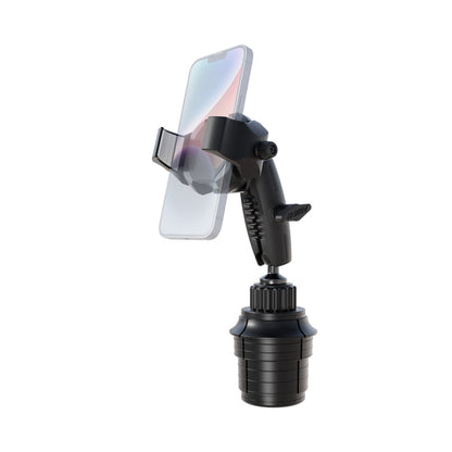 A Phone Cup Holder Mount with RoadVise® Ultra Holder - 25mm, shown in black and securely holding a smartphone against a white background—perfect for hands-free calling on the road.