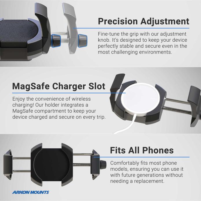 The RoadVise® Ultra Holder with Cup Holder Mount features adjustable side grips, a MagSafe charger slot, and a screw mechanism for precise adjustment. It fits most phones and tablets, offering hands-free use and optimal convenience.