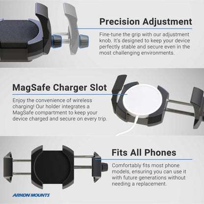 The RoadVise® Ultra Holder with Cup Holder Mount features adjustable side grips, a MagSafe charger slot, and a screw mechanism for precise adjustment. It fits most phones and tablets, offering hands-free use and optimal convenience.