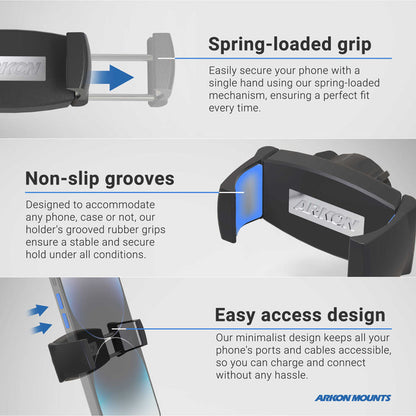 Shown securing a phone, the Phone Cup Holder Mount with Mobile Grip 5 Holder - 25mm features a spring-loaded grip, non-slip grooves, and an easy-access design. This car cup phone holder provides a secure hold with its minimalistic style and is compatible with various devices—making it perfect for hands-free use on the road.
