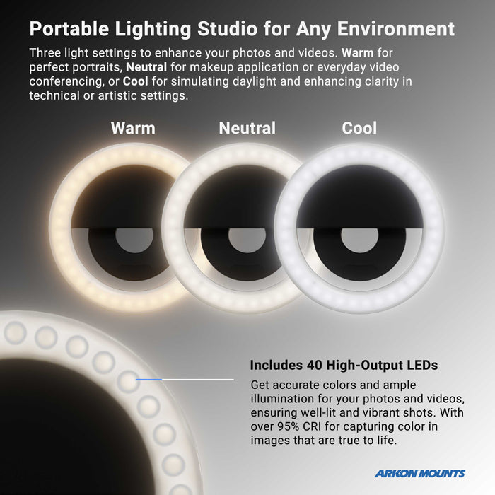 The Phone Tripod Mount and LED Ring Light Bundle features three adjustable color options—Warm, Neutral, and Cool—with 40 high-output LEDs, ideal for content creation. Includes a convenient tripod mount for your phone.