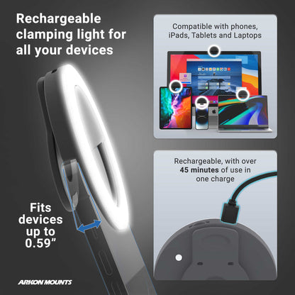Promotional graphic for the Phone Tripod Mount and LED Ring Light Bundle featuring a rechargeable ring light with clamp design, ideal for content creators. Fits phones, tablets, and laptops up to 0.59 thick; runs 45+ minutes per charge.