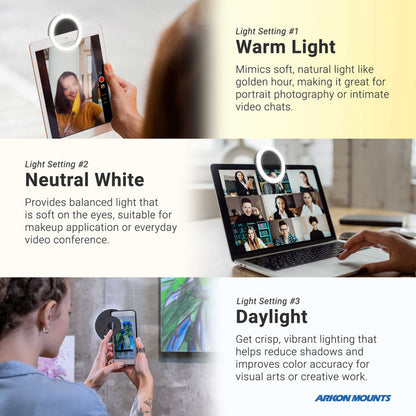 A guide displays three light modes—Warm Light, Neutral White, and Daylight—each shown with a photo of someone using the Phone Tripod Mount and LED Ring Light Bundle for easy content creation during video calls.