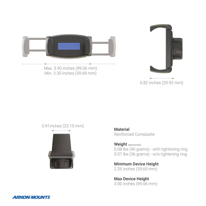 The Phone Tripod Mount and LED Ring Light Bundle is displayed from multiple angles with measurements. Details like material, weight, and supported device heights are listed. The Arkon Mounts logo appears at the bottom left.
