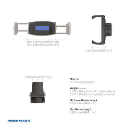 The Phone Tripod Mount and LED Ring Light Bundle is displayed from multiple angles with measurements. Details like material, weight, and supported device heights are listed. The Arkon Mounts logo appears at the bottom left.