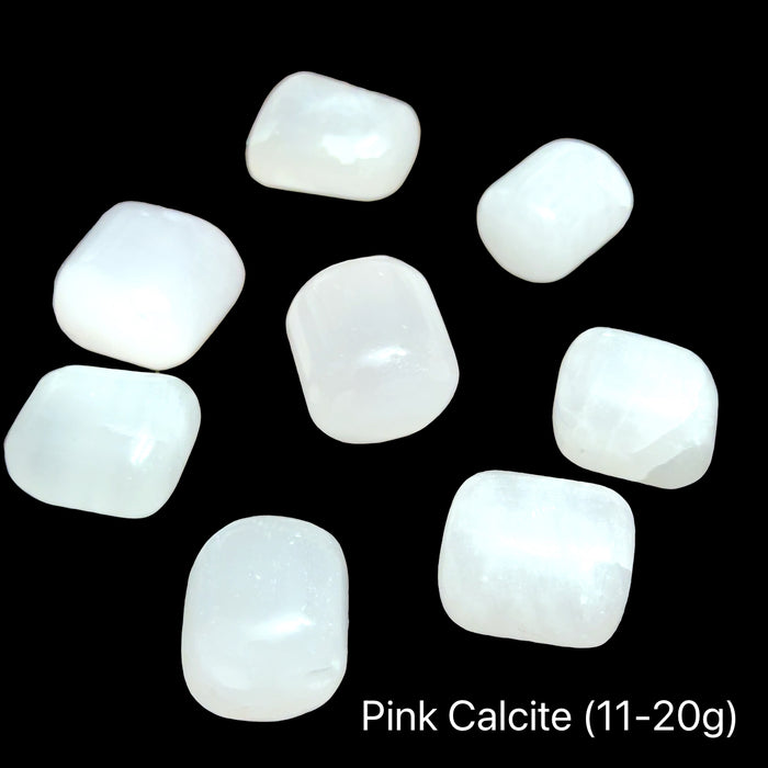 Pink Calcite stones on a black background, the weight is (11-20g), front view.
