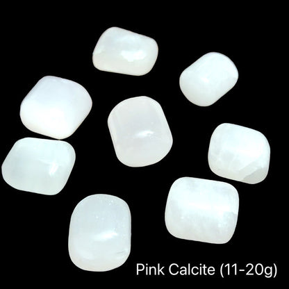 Pink Calcite stones on a black background, the weight is (11-20g), front view.
