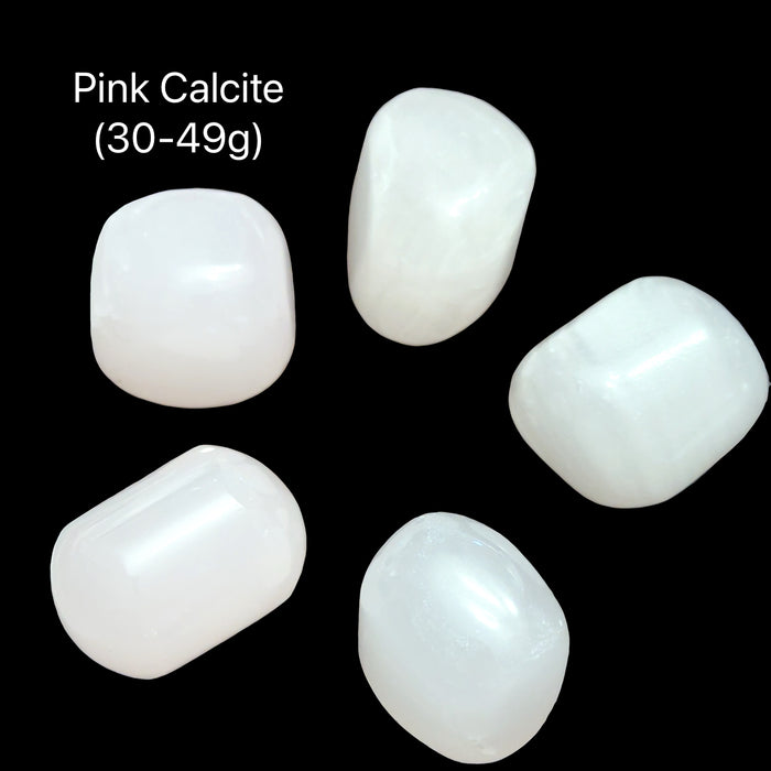 Pink Calcite stones on a black background, the weight is (30-49g), front view.