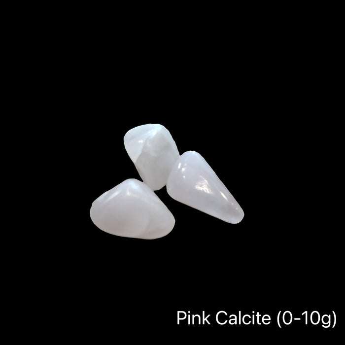 Pink Calcite stones on a black background, the weight is (0-10g), front view.