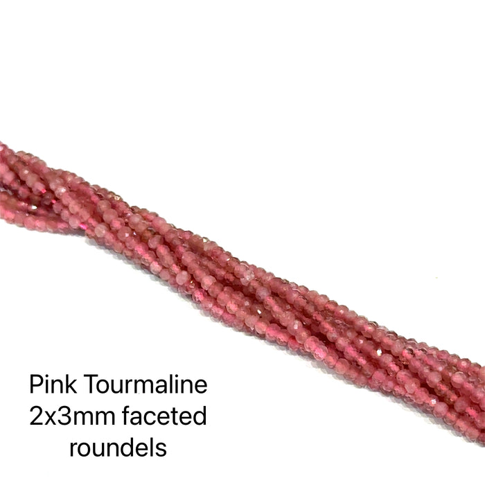 Pink tourmaline gemstone 2x3mm faceted roundel bead strand ethically sourced from family-owned vendors for DIY jewelry making and heart chakra healing designs, on a white background, front view.