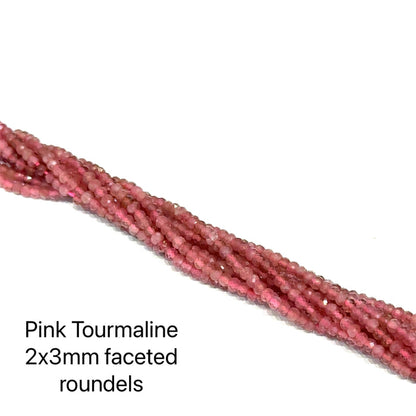 Pink tourmaline gemstone 2x3mm faceted roundel bead strand ethically sourced from family-owned vendors for DIY jewelry making and heart chakra healing designs, on a white background, front view.
