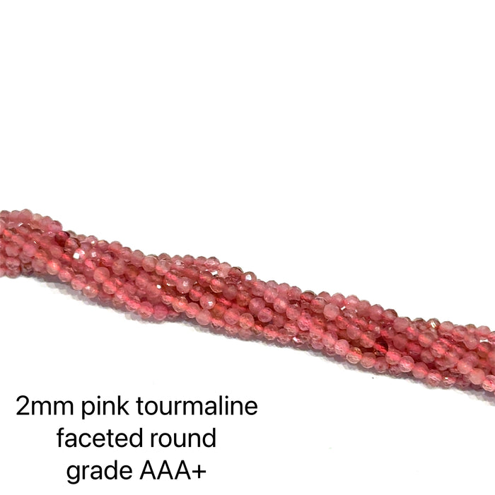 Pink tourmaline gemstone 2mm faceted round bead strand grade AAA+ ethically sourced from family-owned vendors for DIY jewelry making and heart chakra healing designs, on a white background, front view.