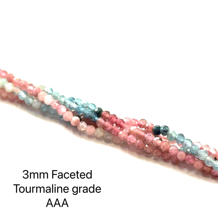 Pink & Blue tourmaline gemstone 3mm faceted round bead strand grade AAA ethically sourced from family-owned vendors for DIY jewelry making and heart chakra healing designs, on a white background, front view.