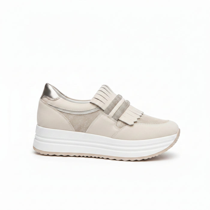 Platform Sneaker with Leather Upper Rhinestone Accent Skipper