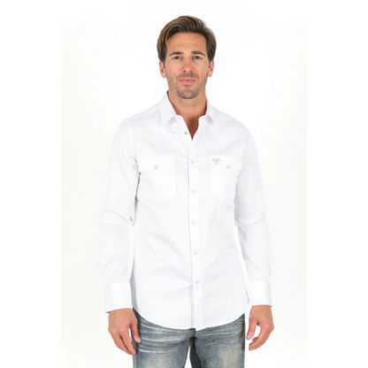Platini Men's Single Pocket Logo Modern Fit Stretch Dress Shirt - White