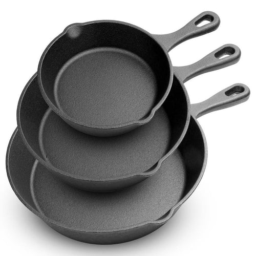 Pre-Seasoned Cast Iron Skillet Set 3pc Nonstick Even-Heat Drip Spout