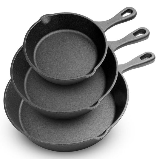 Pre-Seasoned Cast Iron Skillet Set 3pc Nonstick Even-Heat Drip Spout