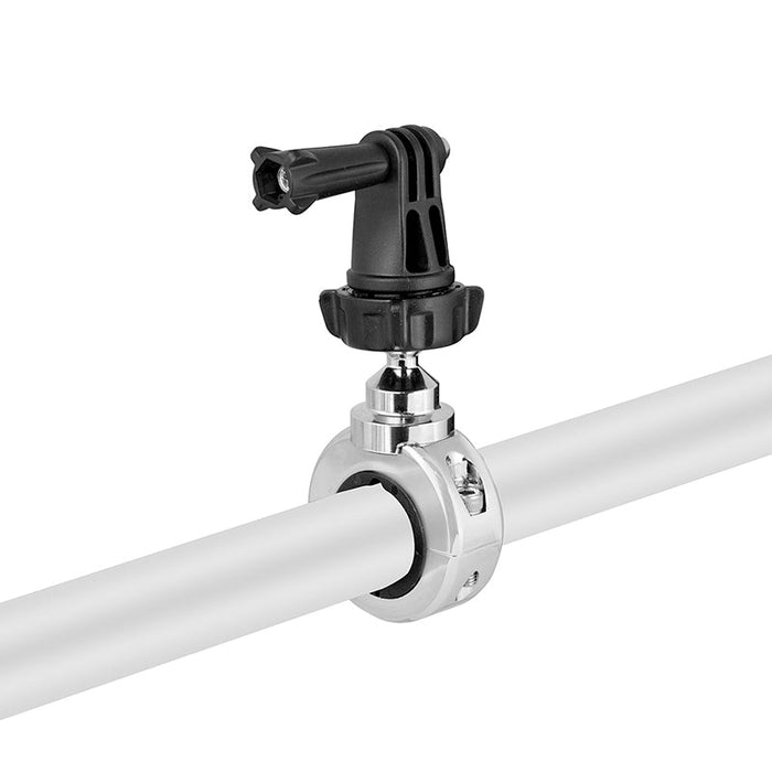 The Premium Aluminum Motorcycle Handlebar Mount for GoPro Action Cameras securely attaches to white poles or handlebars, providing an adjustable black and silver mount perfect for accessories like cameras or lights on cylindrical surfaces.