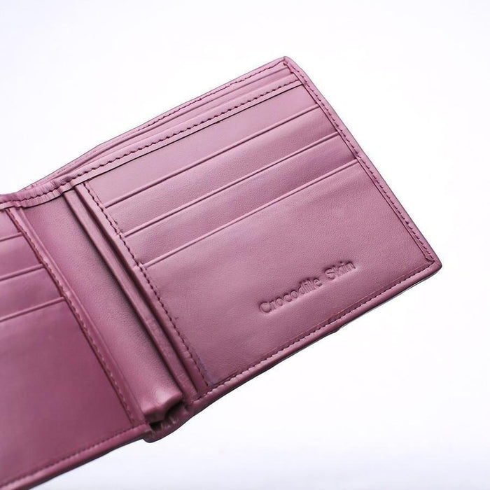 Detailed view of the right interior panel showing stitched card slots and the Crocodile Skin embossing on plum leather.