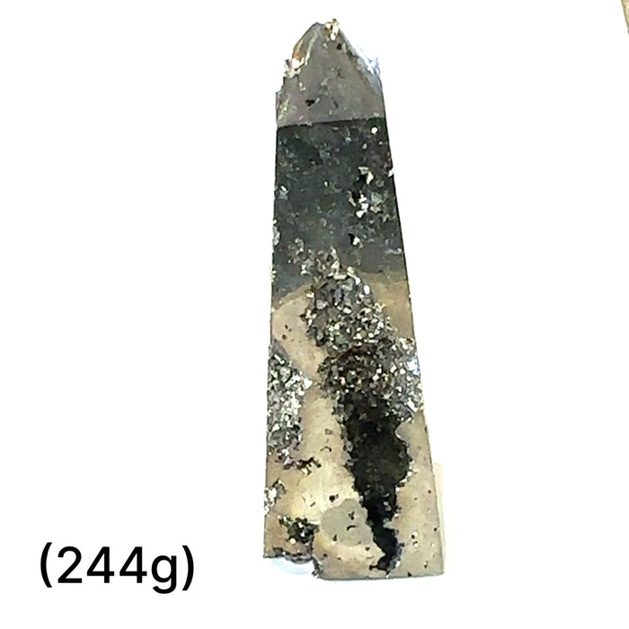 5) Pyrite Gemstone tower is 4.25'' x 1.70''  and weighs .050 lbs. /244g