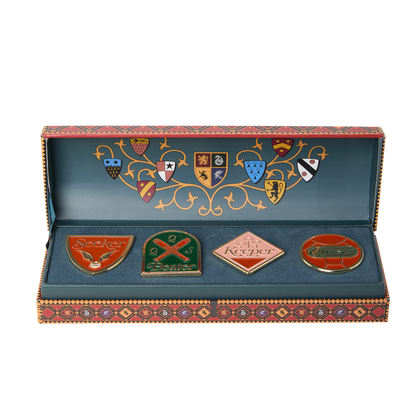 Set of four Quidditch emblems in a decorative box with intricate designs
