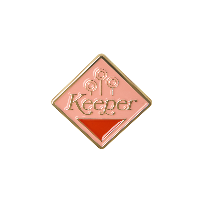 Diamond-shaped badge with 'Keeper' text and Quidditch goals on a pink background