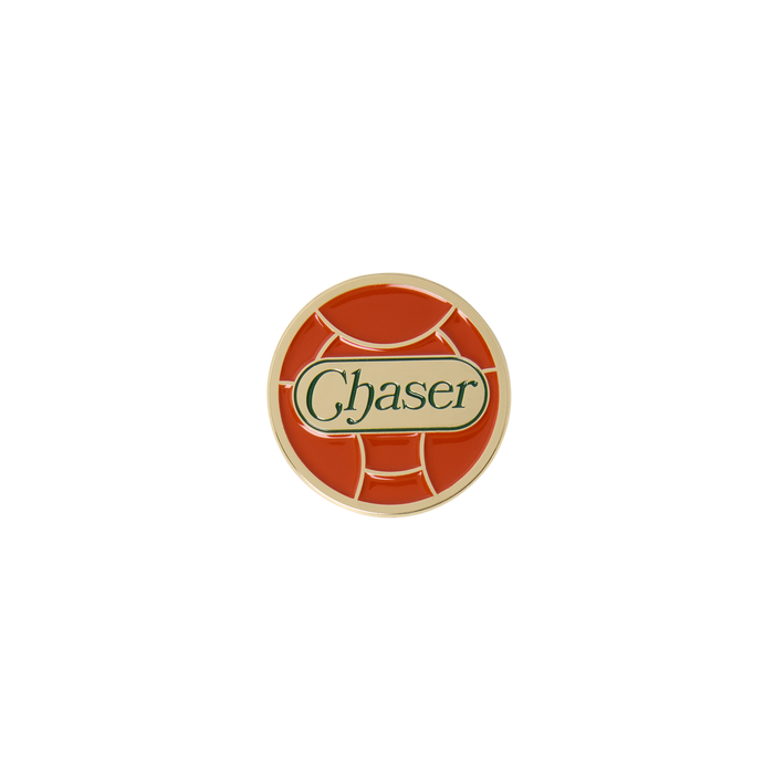 Round logo with 'Chaser' text on a Quidditch ball shaped pin