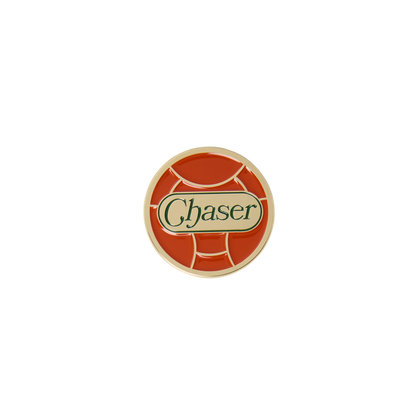 Round logo with 'Chaser' text on a Quidditch ball shaped pin