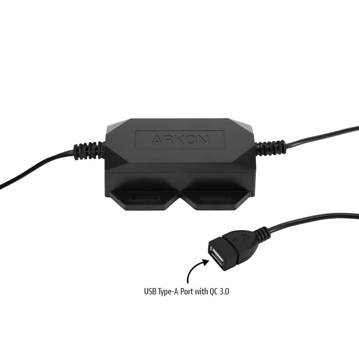 Quick Charge Hardwire Vehicle Power Adapter with In-Line Fuse, black with two ports and attached cables, shown close-up on a white background highlighting the USB Type-A port featuring QC 3.0 for fast charging in fleet trucks.
