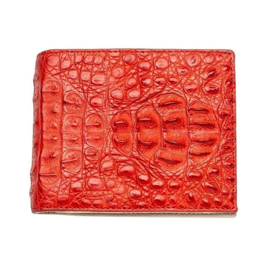 The exterior of the red genuine crocodile wallet, showing the distinct hornback scales texture.