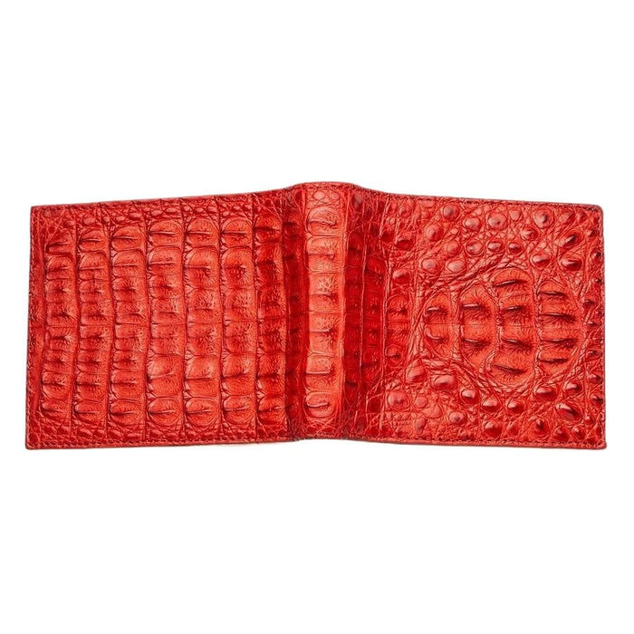 The full exterior of the red crocodile skin wallet laid open flat to show the complete hornback pattern.