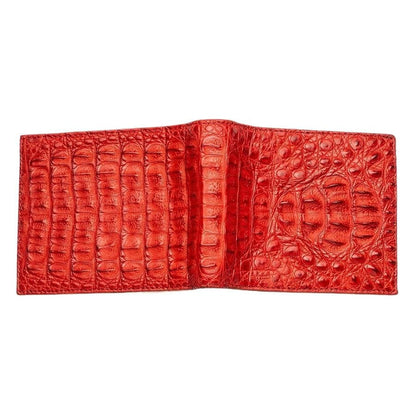 The full exterior of the red crocodile skin wallet laid open flat to show the complete hornback pattern.