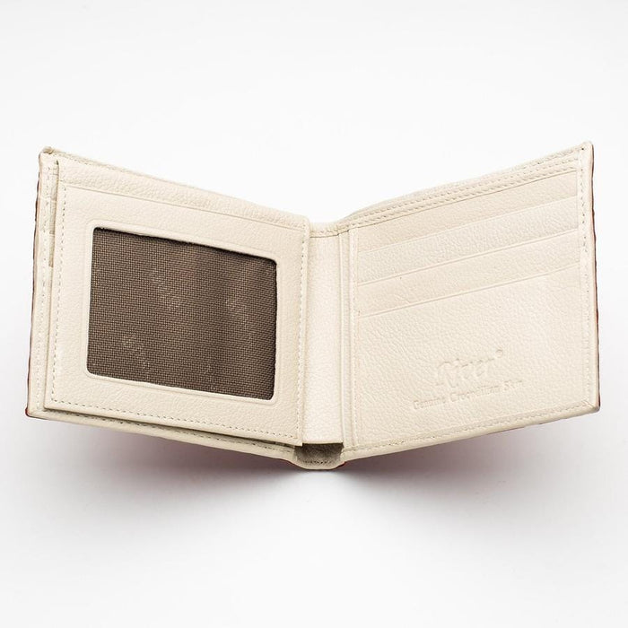 The inside of the red crocodile wallet, showing the cream leather interior with card slots and an ID window.