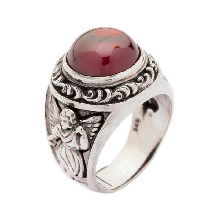 Gothic cupid silver ring with red stone