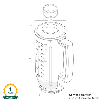 Technical illustration of the Bosch blender attachment with warranty information