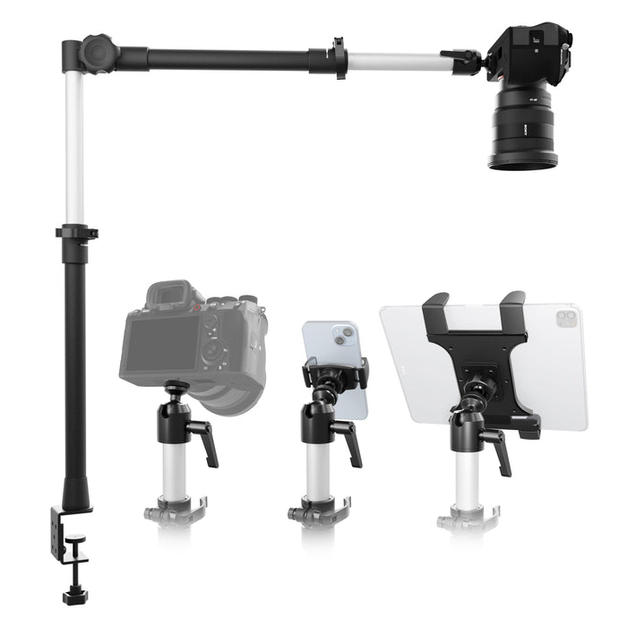 The Remarkable Creator™ Studio Mount - Overhead Camera Mount includes interchangeable holders for a camera, tablet, and phone, all on a sturdy clamp base—ideal as a flexible tripod or DSLR mount for any creator setup.