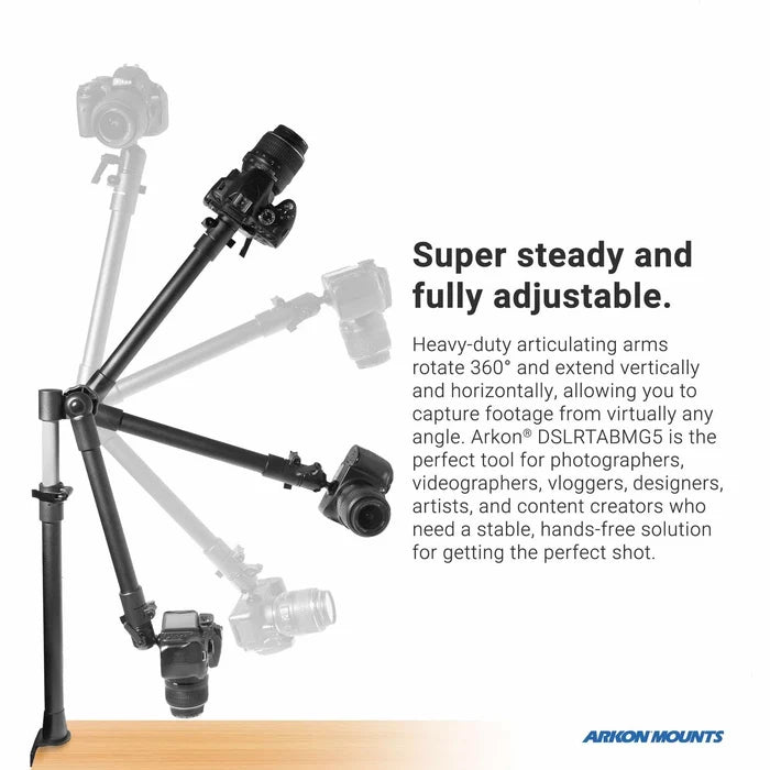The Remarkable Creator™ Studio Mount - Overhead Camera Mount is shown in various positions, demonstrating its 360° rotation and adjustability for photographers and content creators. Includes camera, tablet, and phone holder. Arkon Mounts logo appears below.