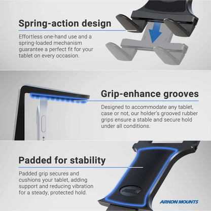 The Remarkable Creator™ Studio Mount features spring-action design for easy fit, grip-enhance grooves, and padded grips for stability. Includes holders for camera, tablet, and phone. Blue highlights key areas; Arkon Mounts logo at bottom right.