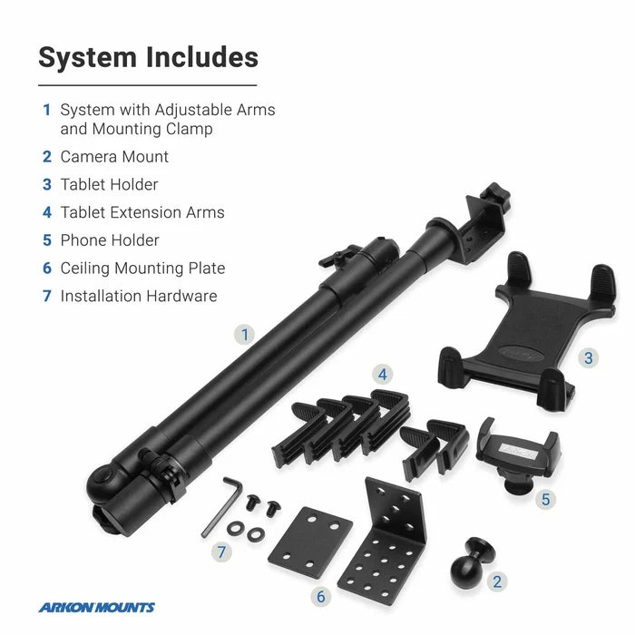 Image of the Remarkable Creator™ Studio Mount – Overhead Camera Mount with adjustable arms, clamp, holders for camera/tablet/phone, extension arms, ceiling mounting plate, and labeled hardware all displayed.