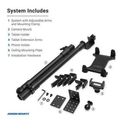 Image of the Remarkable Creator™ Studio Mount – Overhead Camera Mount with adjustable arms, clamp, holders for camera/tablet/phone, extension arms, ceiling mounting plate, and labeled hardware all displayed.