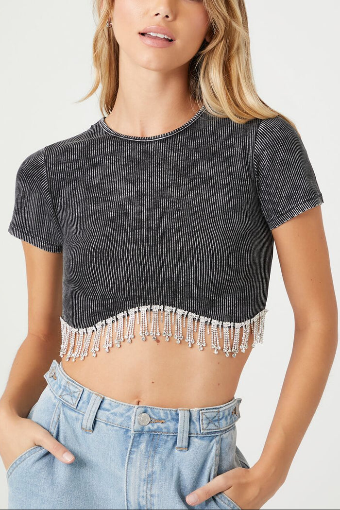Rhinestone-Fringe Cropped Tee