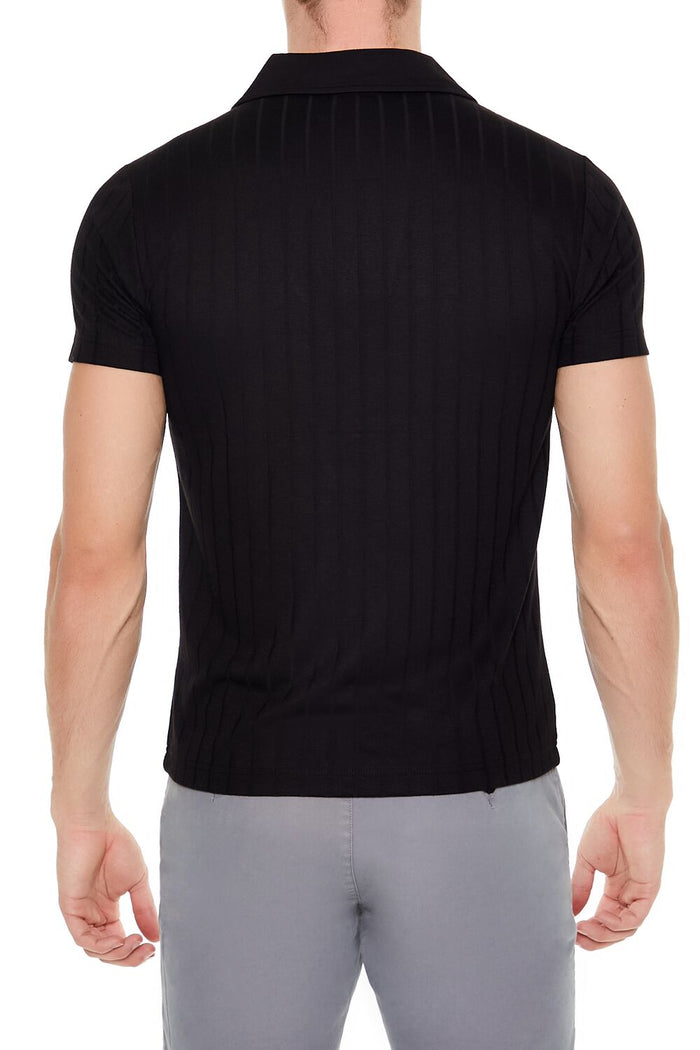 Ribbed Open V-Neck Polo Shirt