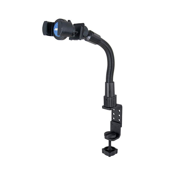 The RoadVise® Phone Holder with Clamp Mount and 12 inch Gooseneck securely mounts smartphones to a desk or table edge with its heavy-duty, adjustable clamp and flexible gooseneck design.