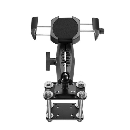 The RoadVise® Ultra Forklift Front Guard Phone and Tablet Mount is a rugged black and silver clamp mount with bolts and a spring-loaded grip, designed for secure attachment to surfaces such as bike or motorcycle handlebars.