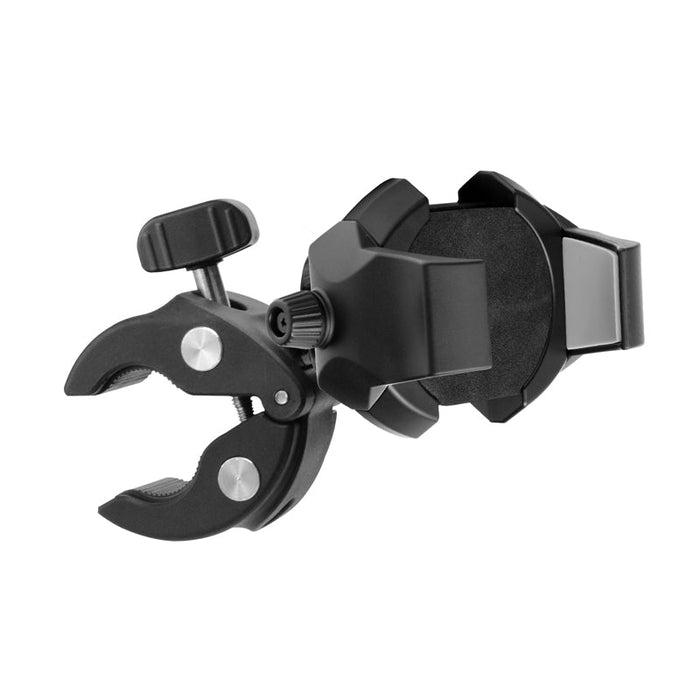 The RoadVise® Ultra Phone and Tablet Clamp Post Mount for Handlebars and Posts features a black, adjustable clamp with a device holder, textured grip, screw knob for tightening, and padded area to secure devices to any post mount.